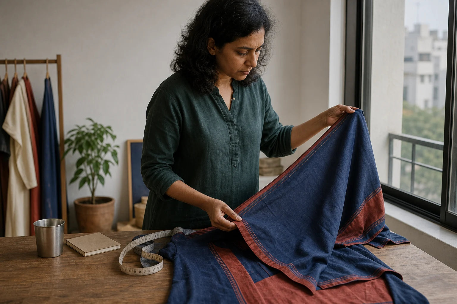 Indian fashion curator checking an indigo and rust garment against daylight at a worktable