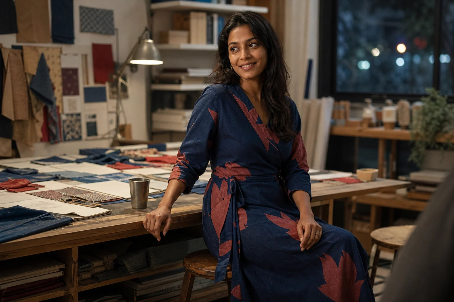 Indian creative professional in an indigo and madder wrap dress inside a working design studio