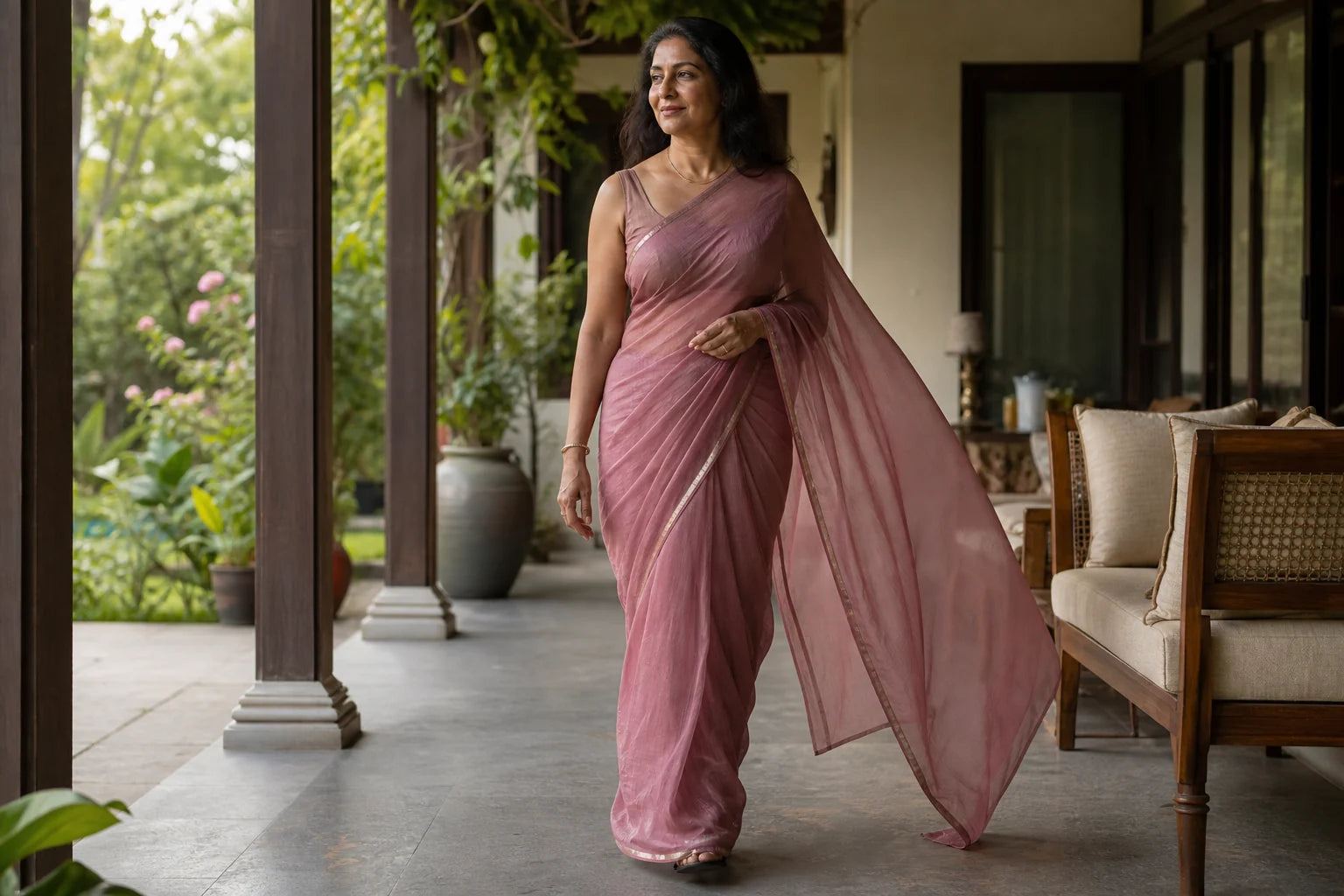 Mature Indian woman walking across a shaded veranda in an air-light smoke rose saree