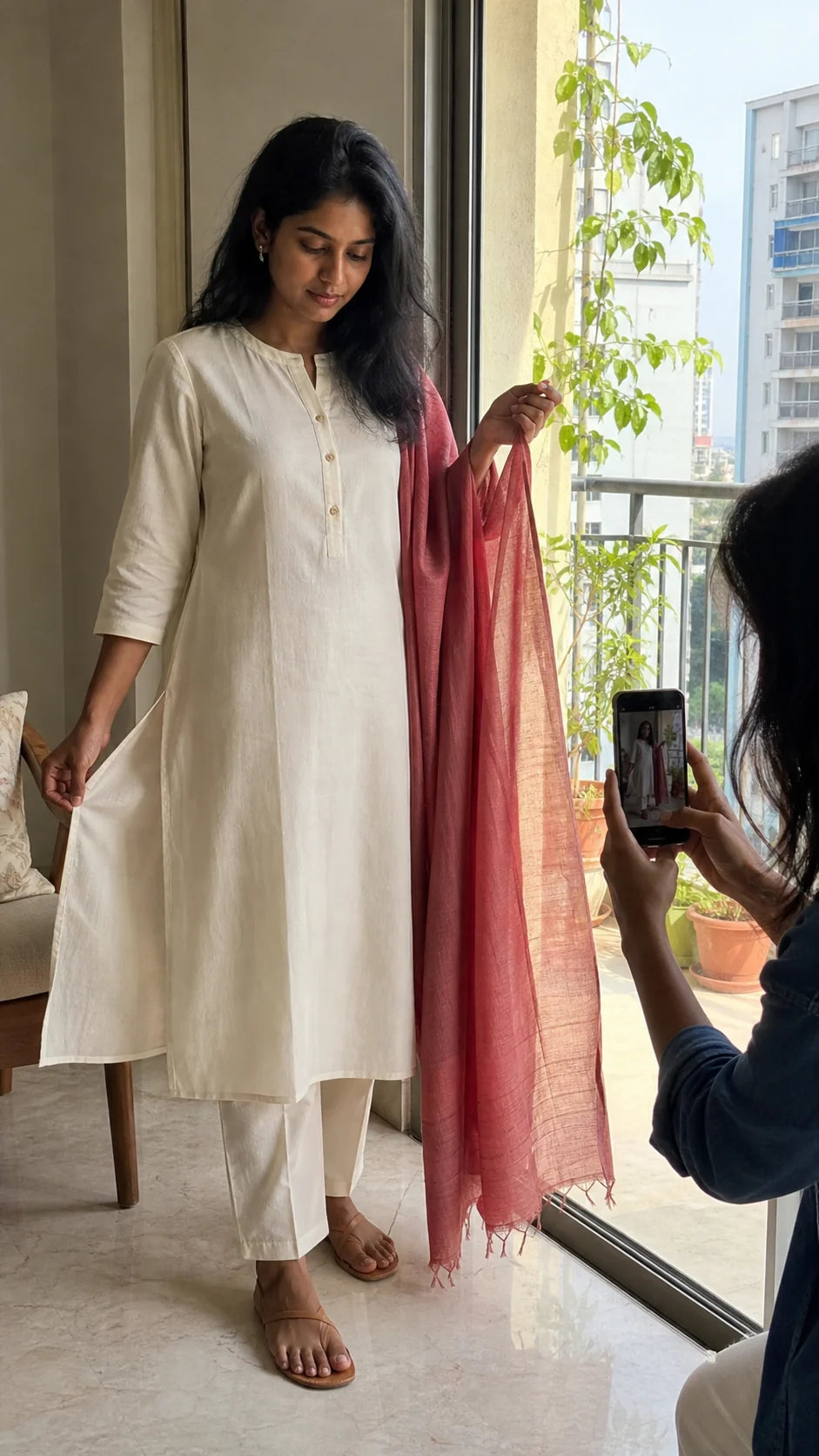 Generated editorial fit study showing an ivory kurta and madder dupatta checked beside natural window light