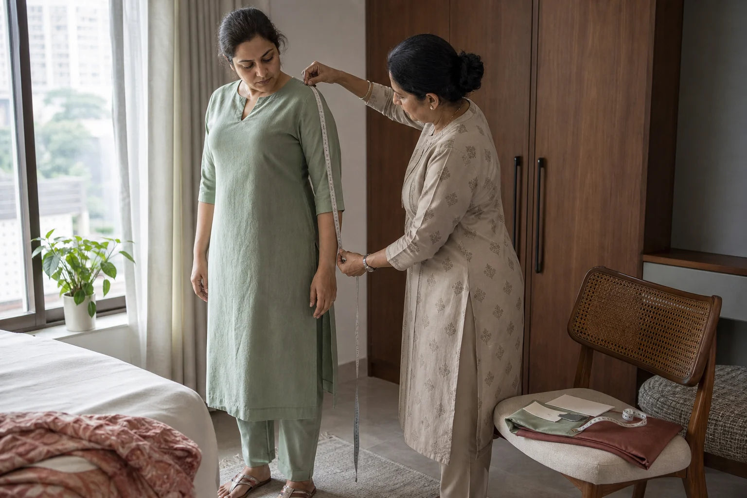 Indian woman in a sage kurta having the sleeve length checked during an editorial fit session